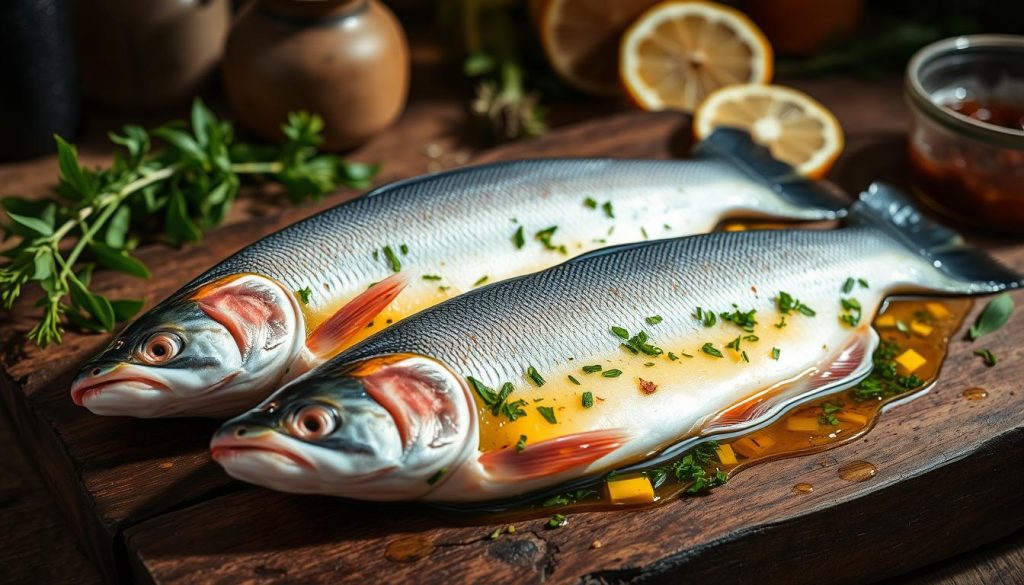 Majestic trout fillets resting on a rustic wooden surface, submerged in a vibrant marinade of fresh herbs, citrus, and aromatic spices. The composition is lit by soft, natural lighting, casting gentle shadows and highlighting the delicate textures of the fish. In the background, a minimal, yet evocative setting evokes a traditional kitchen, hinting at the culinary journey to come. The mood is one of anticipation and culinary expertise, as the viewer is invited to imagine the transformative process of "маринование форели" - the primary marination of the trout, before the next step of the recipe featured on 7fishing.com.ua.