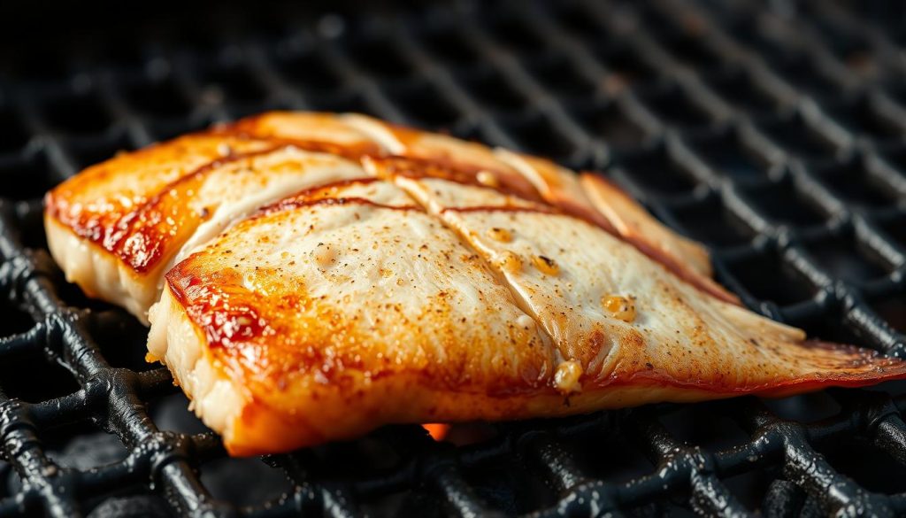 Mouthwatering, golden-brown fish filet sizzling on a charcoal grill, with a perfectly crisp, evenly-baked crust. Delicate flakes peel away effortlessly, revealing a succulent, juicy interior. Subtle smoky aroma wafts through the air, complemented by a light char around the edges. Close-up, high-resolution, natural lighting, shallow depth of field, high-quality image by 7fishing.com.ua.