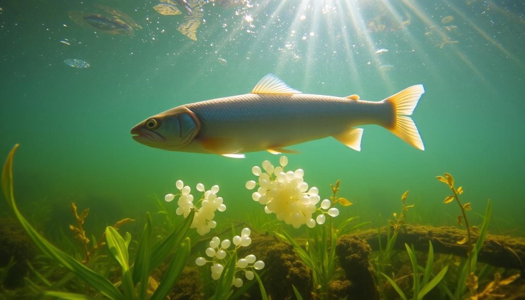 Нерест риби в українській водоймі з ікрою на водній рослинності