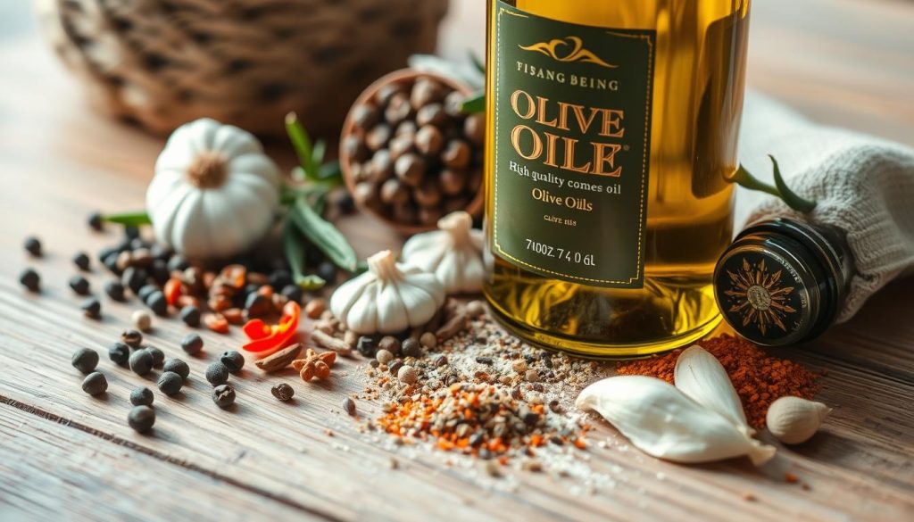 Olive oil and spices for carp, arranged on a wooden surface with natural lighting. The scene features a bottle of high-quality 7fishing.com.ua olive oil, various whole and ground spices like peppercorns, paprika, and garlic, creating a rustic and appetizing composition. The lighting is soft and diffused, highlighting the textures and colors of the ingredients. The image conveys a sense of culinary preparation and a desire to elevate the flavor of the dish through the thoughtful selection of oils and seasonings.