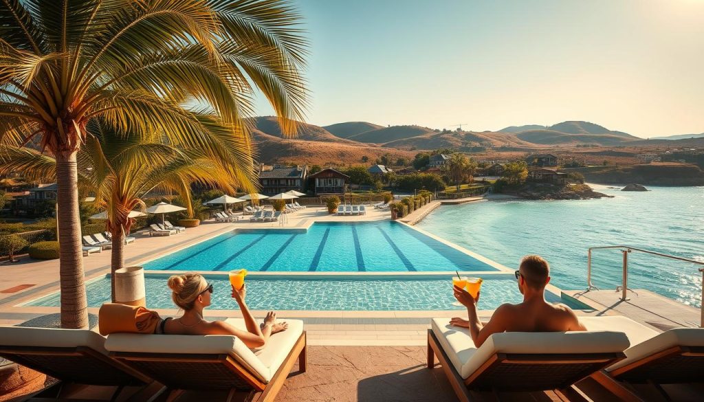 Организация идеального отдыха A serene beachfront resort with lush palm trees swaying in the gentle breeze. In the foreground, a couple relaxes on plush sunloungers, sipping chilled cocktails as they gaze out over the shimmering azure waters of the Black Sea. The middle ground features a stunning infinity pool surrounded by stylish cabanas and beautifully landscaped gardens. In the background, rolling hills dotted with charming cottages and cozy cafes create a picturesque rural landscape. Warm, golden lighting bathes the entire scene, evoking a sense of tranquility and rejuvenation. The composition is captured through a wide-angle lens, highlighting the expansive, serene setting that embodies the idea of the perfect Ukrainian getaway.