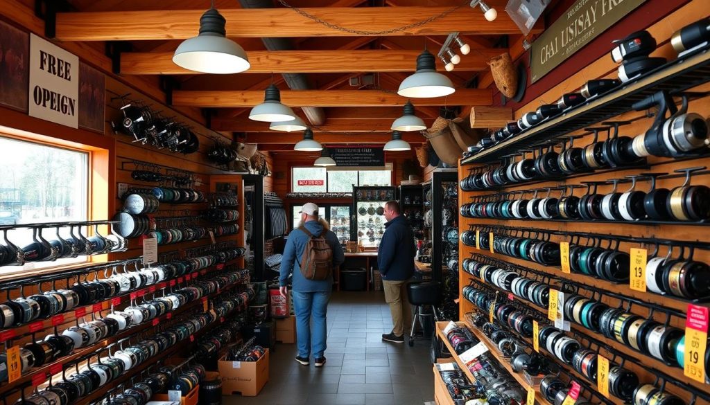 Outdoor fishing tackle store with an array of fishing reel sales and discounts. Rows of high-quality baitcast, spinning, and fly fishing reels neatly displayed on shelves, offering anglers a wide selection at reduced seasonal prices. Warm, natural lighting illuminates the scene, casting a cozy ambiance. Wooden fixtures and earth-toned accents create a rustic, outdoorsy atmosphere. Customers browse the aisles, searching for the perfect reel to upgrade their gear for the upcoming fishing season. The overall mood conveys a sense of anticipation and a good deal waiting to be found.