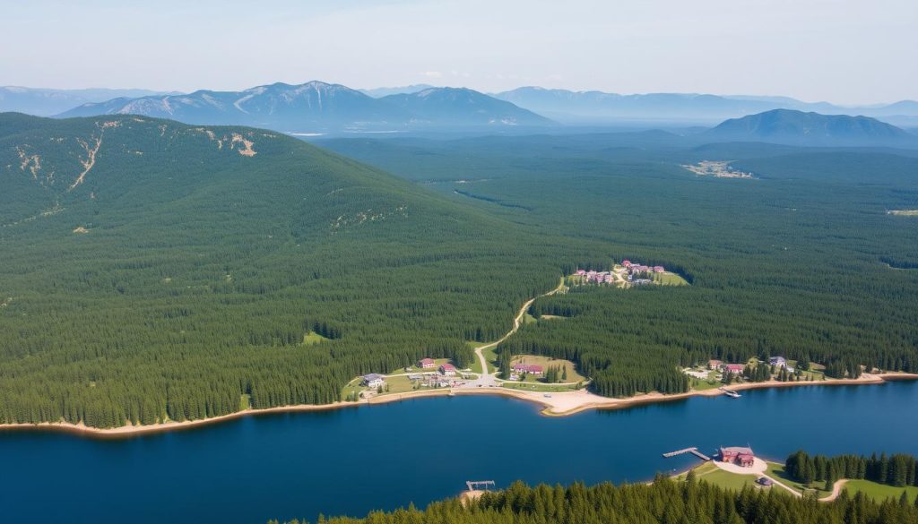 Панорама Алтайского края с горами, лесами и озером, где расположены базы отдыха