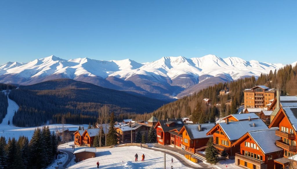 Panoramic vista of a scenic mountain resort nestled in the Carpathian peaks. Majestic snow-capped summits rise in the distance, their slopes dotted with dense evergreen forests. In the foreground, a charming village with traditional Hutsul architecture, its colorful wooden buildings and winding cobblestone streets framed by the towering peaks. Skiers glide down well-groomed trails, their figures silhouetted against the crisp winter light. Chairlifts and gondolas ascend the mountainsides, providing access to the resort's premier skiing and snowboarding terrain. Warm golden hues suffuse the scene, creating a cozy, inviting atmosphere evocative of the Carpathian wintertime.