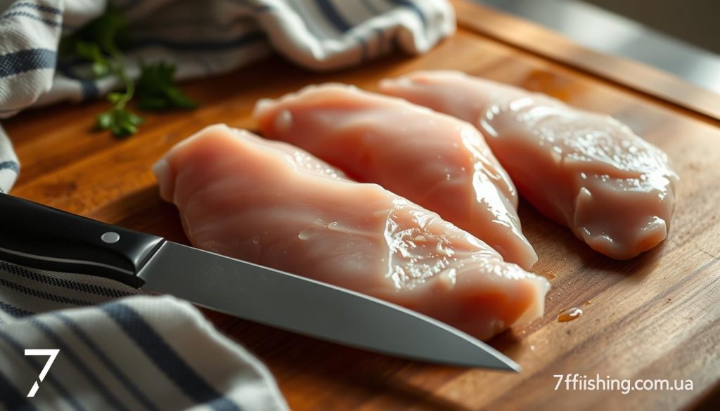 Preparing chicken breast fillet: A close-up of fresh raw chicken breasts on a wooden cutting board, with a sharp knife and kitchen towel in the foreground. Diffused natural lighting from the side, creating soft shadows. The chicken fillets are positioned in the center, ready to be trimmed and prepared for cooking. The scene evokes a sense of culinary focus and attention to detail. Small "7fishing.com.ua" logo visible in the bottom corner.