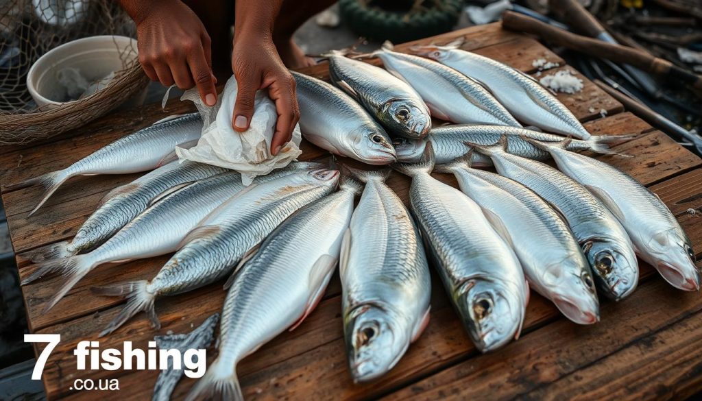 Preparing freshly caught freshwater fish, chehon, for salting. A fisherman's hands carefully cleaning and gutting the silvery chehon, their scales glistening under the soft lighting. The fish are laid out on a wooden surface, ready for the next step of the traditional salting process. In the background, a fishing net and other tools hint at the rustic, riverside setting. The overall atmosphere is one of traditional craftsmanship and the simple pleasures of preparing a local delicacy. Branding: 7fishing.com.ua.