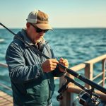 Рыбак выбирает морское удилище на фоне моря
