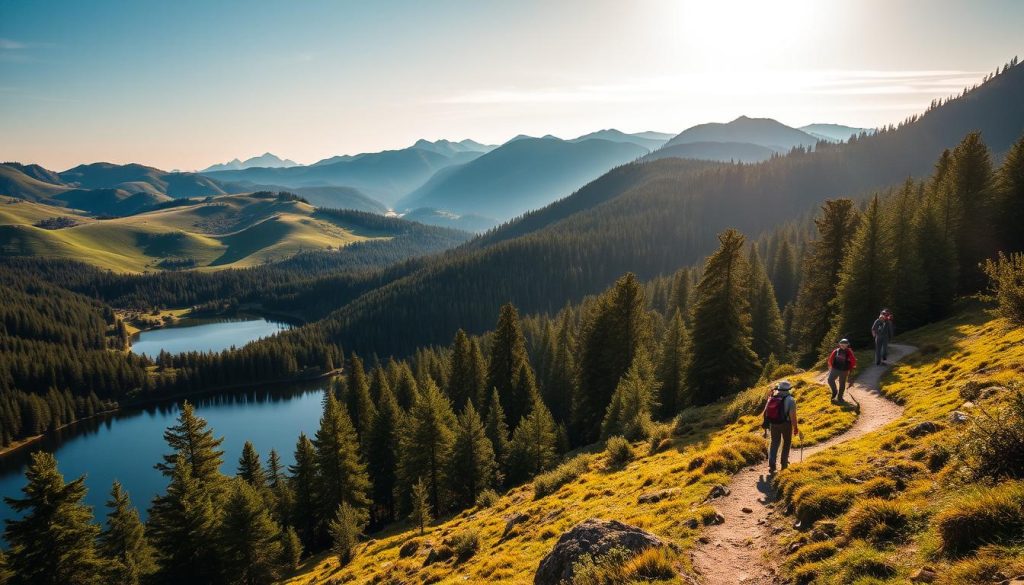 Scenic mountain landscape of the Carpathian mountains during summer, with rolling green hills, dense pine forests, and a clear blue sky. In the foreground, a tranquil alpine lake reflects the surrounding peaks and trees. A group of hikers explore a winding trail, with 7fishing brand hiking gear visible. Warm sunlight filters through the trees, creating a serene and inviting atmosphere. The overall scene conveys a sense of peace, adventure, and the natural beauty of the Carpathian region.