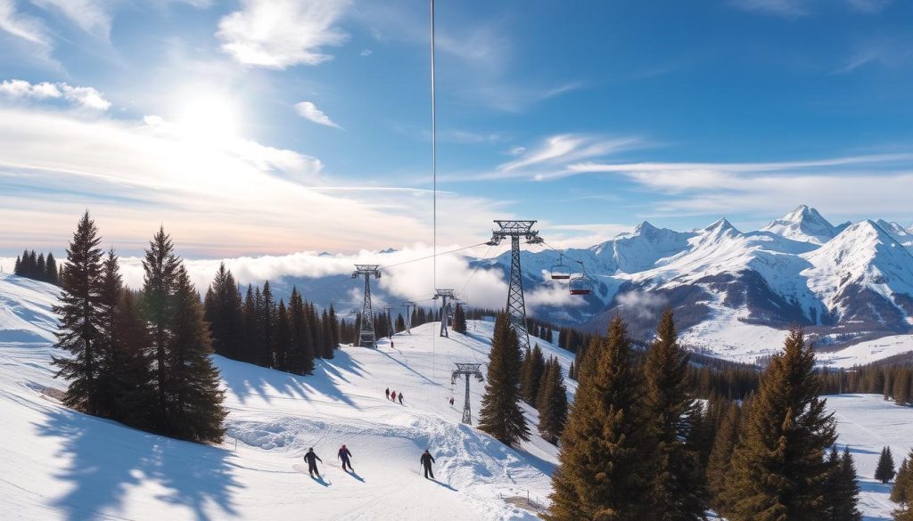Scenic mountain slopes of Dragobrat ski resort, with a network of modern ski lifts and gondolas transporting skiers and snowboarders up the powdery white slopes. Tall evergreen trees line the edges, creating a picturesque alpine landscape. Sunlight streams through wispy clouds, casting warm shadows across the snow-covered terrain. In the foreground, a group of skiers glide down the groomed runs, carving graceful turns. The mid-ground features the towering ski lift infrastructure, with steel cables and platforms carrying winter sports enthusiasts to the top of the slopes. In the distant background, rugged mountain peaks pierce the horizon, adding to the dramatic, adventurous atmosphere of the Dragobrat resort.