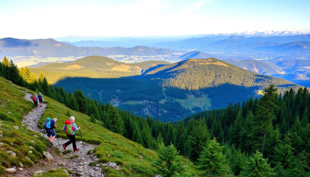 Scenic mountain vistas with winding hiking trails cutting through lush forests in the Carpathian mountains. In the foreground, a well-marked trail with hikers traversing the rugged terrain, carrying backpacks and trekking poles. The midground features a panoramic view of rolling hills and peaks, with a patchwork of meadows and dense pine forests. In the distance, the backdrop showcases the majestic snow-capped Carpathian peaks, bathed in warm, golden afternoon light. The image conveys a sense of adventure, exploration and immersion in the natural beauty of the region.