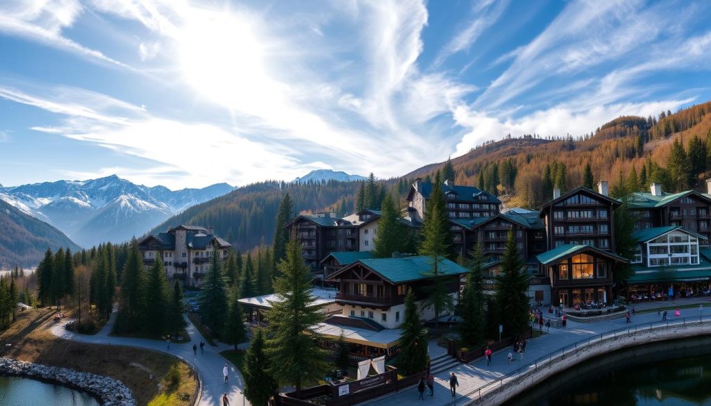 Scenic panoramic view of the popular hotels in Krasnaya Polyana, Russia. Elegant high-rise resort buildings nestled among pine-covered hills, set against a backdrop of majestic snow-capped mountains. Warm sunlight filters through wispy clouds, casting a golden glow over the cozy chalets and luxury hotels. Guests stroll along cobblestone paths, admiring the picturesque alpine architecture and bustling outdoor cafes. A tranquil lake reflects the serene landscape, inviting visitors to relax and unwind in this premier ski destination.