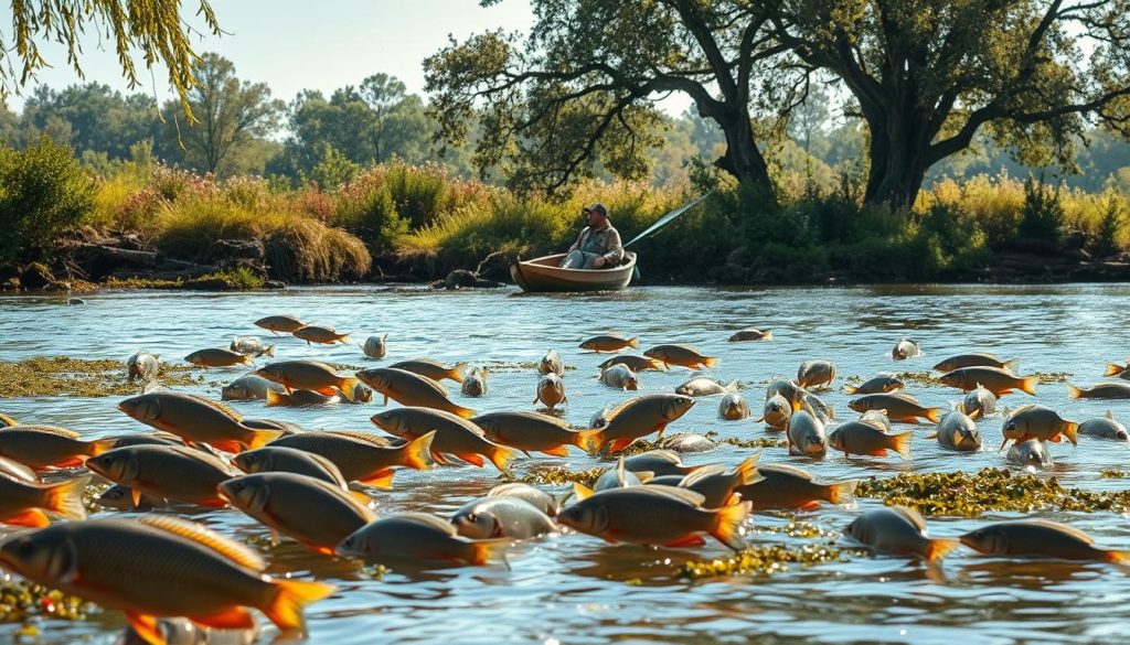 Seasonal fish activity on a large river. In the foreground, schools of chub and roach dart among the submerged logs and aquatic vegetation, their silver scales flashing in the dappled sunlight. In the middle ground, a lone angler in a small wooden boat casts a fly line, hoping to entice a trophy chub or the elusive ide. The background depicts a lush riverbank, with overhanging trees and flowering plants, creating a serene and picturesque scene. The lighting is soft and natural, with warm hues that evoke the transitional seasons. Captured by the lens of 7fishing.com.ua, this image celebrates the cyclical rhythms of the river and the dedicated anglers who pursue its treasures.