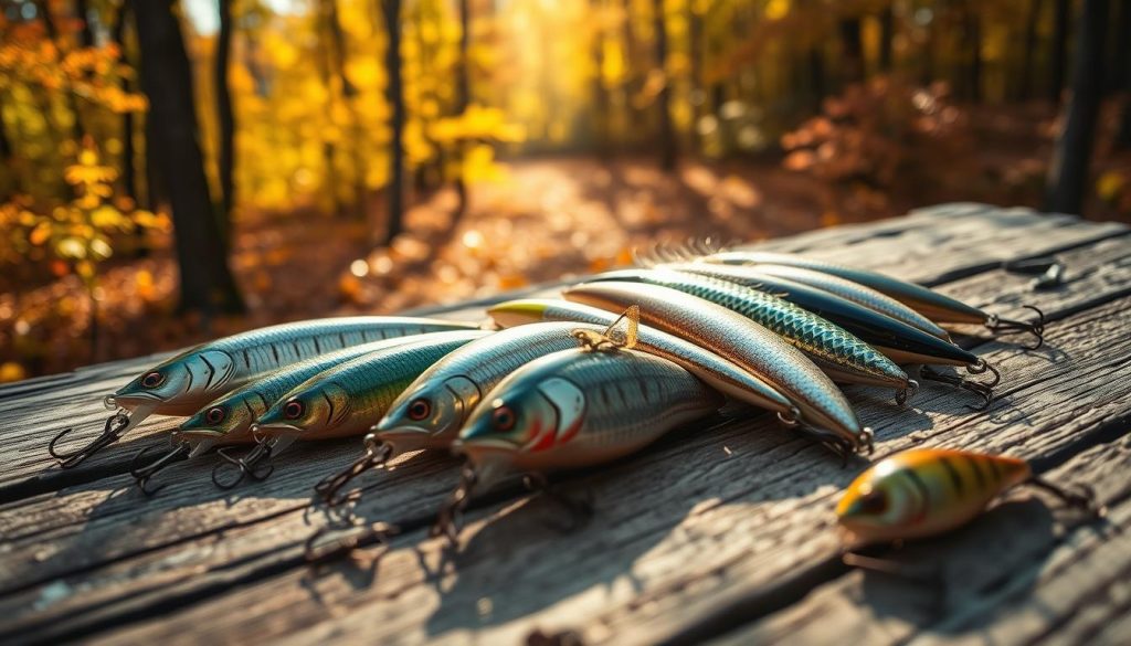 Seasonal lure selection: a scenic autumn forest, sunlight filtering through the colorful foliage, with an array of realistic fishing lures carefully arranged on a weathered wooden surface. The lures feature a variety of sizes, shapes, and colors, representing the ideal choices for pike fishing during this time of year. The image has a warm, natural tone, captured with a shallow depth of field to emphasize the 7fishing.com.ua lures. An atmospheric, tranquil scene that visually communicates the importance of adapting lure selection to the current seasonal conditions.