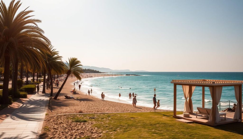 Serene beach retreat in Bulgaria's Golden Sands: a sun-kissed scene of azure waters lapping against golden sands, flanked by lush palm trees swaying in a gentle breeze. Beachgoers bask in the warmth, some swimming in the refreshing sea, others strolling along the promenade or enjoying a leisurely picnic. Charming seaside cabanas dot the landscape, offering respite and relaxation. The golden glow of the afternoon sun casts a tranquil, rejuvenating atmosphere, inviting visitors to unwind and restore their wellbeing amidst the natural beauty of this coastal paradise.