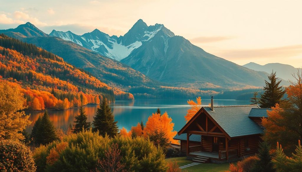 Serene landscape depicting seasonal travel destinations. A picturesque mountain vista in the background, with a tranquil lake reflecting the surrounding foliage. In the foreground, a cozy cabin nestled among lush greenery, inviting visitors to relax and unwind. Warm autumn hues paint the scene, creating a sense of comfort and nostalgia. Soft, diffused lighting illuminates the scene, casting a gentle glow over the entire composition. The overall atmosphere evokes a peaceful retreat, perfectly capturing the essence of "seasonal travel" and the joy of discovering new destinations.