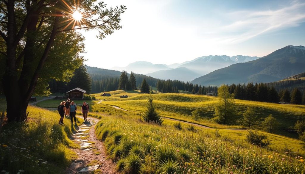 Serene landscape in the Carpathian mountains, with lush green forests, rolling hills, and a picturesque village nestled in the distance. A group of hikers explore the trails, taking in the fresh mountain air and stunning vistas. Soft natural lighting filters through the trees, casting a warm glow over the scene. The foreground features a winding path leading through wildflowers, inviting the viewer to join the adventure. In the middle ground, a traditional wooden cabin stands amidst the tranquil surroundings, hinting at the local culture and heritage. The background showcases the majestic, snow-capped peaks of the Carpathians, creating a serene and awe-inspiring backdrop for this idyllic scene of rejuvenation and exploration.
