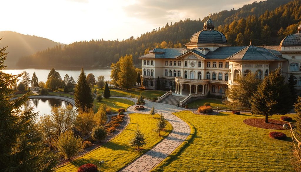 Serene landscape of scenic Ukrainian health resorts, showcasing the picturesque architecture and natural surroundings. Capture the tranquil atmosphere of the spa facilities, with lush foliage, peaceful lakes, and stone pathways leading to the main buildings. Highlight the elegant, traditional design elements of the sanatoriums, such as ornate facades, domed roofs, and landscaped gardens. Utilize warm, golden lighting to create a welcoming, inviting ambiance, accentuating the serene, rejuvenating ambiance of the Ukrainian wellness centers. Compose the image to emphasize the harmonious coexistence of the built and natural environments, conveying the holistic, restorative experience offered by these renowned Ukrainian health retreats.
