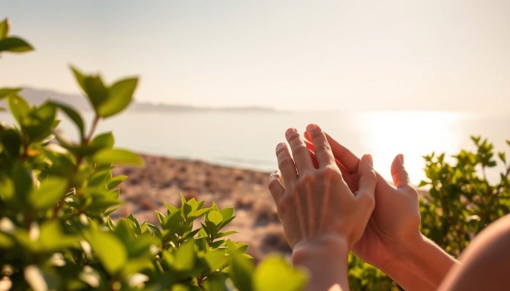 Serene landscape of the Dead Sea shore, bathed in warm, golden sunlight. In the foreground, a close-up view of a person's hands gently applying a rich, mineral-infused moisturizer to their skin. The vibrant green of lush foliage frames the scene, hinting at the rejuvenating properties of the Dead Sea's healing waters. A sense of tranquility and therapeutic relaxation pervades the atmosphere, inviting the viewer to experience the renowned restorative effects of this natural wonder.