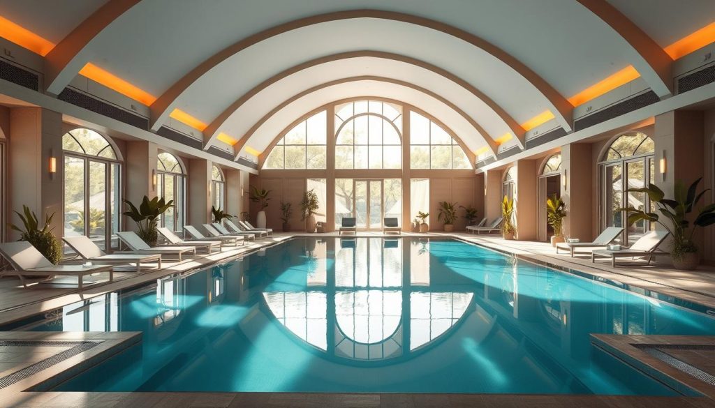 Serene SPA-zone with a pool: A sunlit, luxurious indoor SPA area with a large, crystal-clear swimming pool at the center. The pool is surrounded by sleek, modern lounge chairs and cozy cabanas, creating a tranquil, spa-like atmosphere. The space is bathed in warm, diffused lighting, with natural materials like wood and stone accents adding to the calming ambiance. Lush, verdant plants dot the periphery, further enhancing the spa-like feel. The high, arched ceilings and expansive windows allow ample natural light to filter in, creating a bright, airy, and rejuvenating environment.