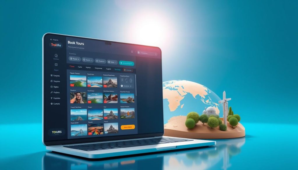 Stunning 3D visualization of the booking process for tours, with a sleek, modern interface showcasing various travel destinations. In the foreground, a user-friendly booking platform with intuitive controls and vivid imagery of scenic landscapes. The middle ground features an interactive map highlighting popular tourist spots, while the background depicts a serene, sun-drenched skyline, casting a warm glow over the entire scene. The overall composition conveys the seamless, efficient, and visually captivating experience of booking excursions, reflecting the global trends and prospects of the tourism industry.