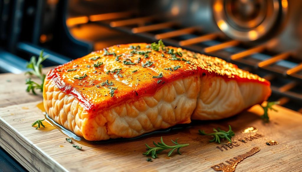 Succulent salmon steak, freshly baked in a modern oven, its golden-brown crust glistening under the warm, natural lighting. The flaky, moist flesh contrasts beautifully with a sprinkling of fresh herbs and a drizzle of lemon-infused olive oil. Arranged on a rustic wooden cutting board, the steak is the centerpiece of this mouth-watering culinary masterpiece. 7fishing.com.ua