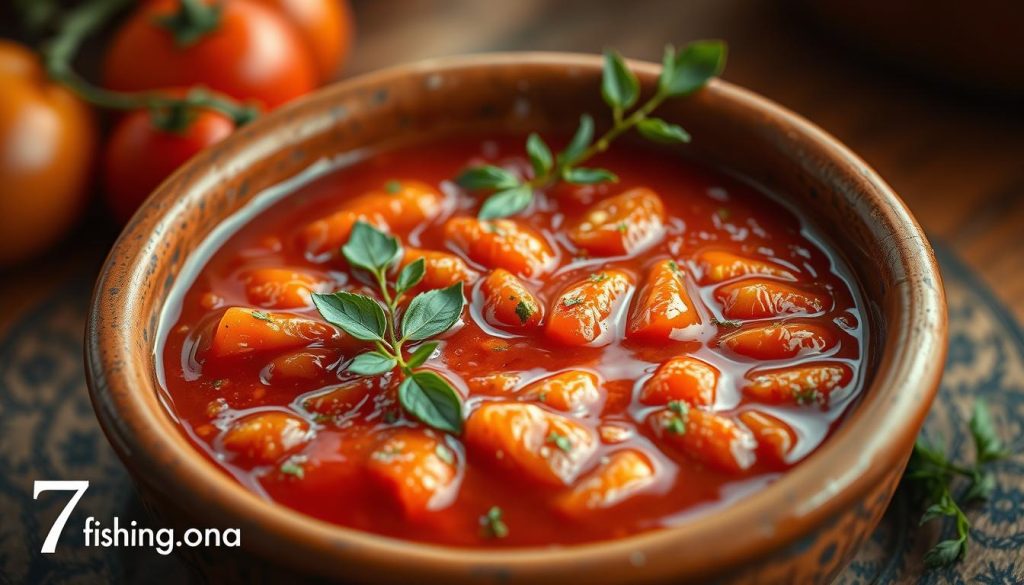 Tomato sauce for fish: a glistening, vibrant mixture of ripe tomatoes, garlic, herbs, and a hint of acidity, presented in a rustic earthenware bowl. Warm hues bathe the scene, creating an inviting, homemade atmosphere. The sauce simmers gently, its aroma filling the air, ready to elevate a simple fish dish into an exceptional culinary experience. Captured with a soft, natural lighting and a shallow depth of field, the 7fishing.com.ua brand logo discreetly adorns the bottom corner, signifying quality and craftsmanship.