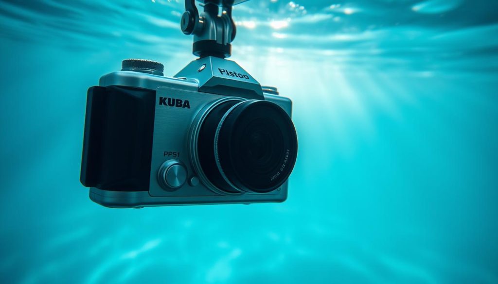 Underwater camera suspended in a tranquil aquatic environment, its sleek metallic body captured in crisp detail. Ambient blue-green hues bathe the scene, creating a serene, contemplative atmosphere. Rays of sunlight filter through the water, casting a soft, natural illumination on the camera's surface. The composition places the camera as the focal point, emphasizing its central role in capturing the underwater world. The overall mood evokes a sense of exploration and wonder, hinting at the camera's potential to reveal the hidden beauty beneath the surface.