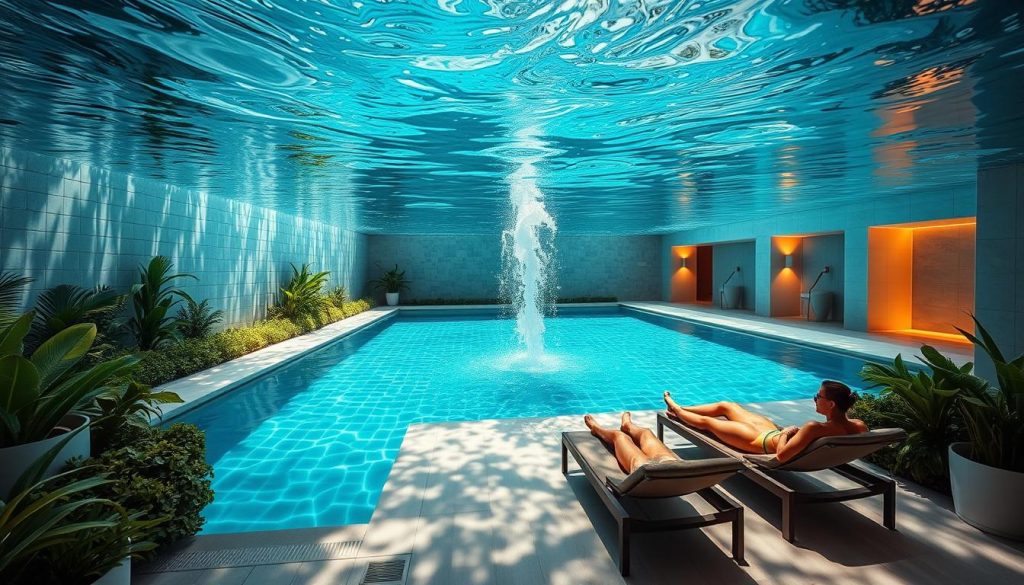 Underwater oasis, an aquatic sanctuary nestled within a luxurious bathhouse. Crystal-clear waters shimmer under natural light, reflecting the modern architectural lines of the pool. Sleek, minimalist tiles line the pool's edges, creating a serene, spa-like ambiance. Lush, verdant foliage surrounds the perimeter, adding a touch of organic vitality. Soft, diffused lighting casts a warm, inviting glow, while strategically placed water features enhance the soothing soundscape. Bathers recline on comfortable lounge chairs, basking in the tranquil, rejuvenating atmosphere of this exclusive "аква зона".