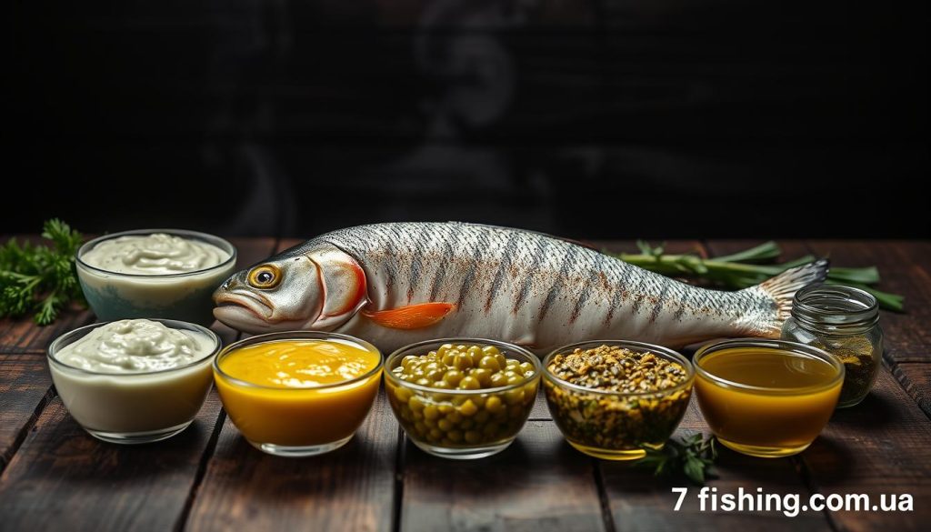 Variations of sauces for fish, an elegant arrangement on a rustic wooden table. In the foreground, an array of sauces - creamy dill, zesty lemon-caper, aromatic herb-infused olive oil. In the middle, a freshly grilled trout fillet, glistening and ready to be dressed. The background features a moody, chiaroscuro-style lighting, casting dramatic shadows and highlighting the textures. The overall mood is one of culinary experimentation and artful presentation. Branded by 7fishing.com.ua.