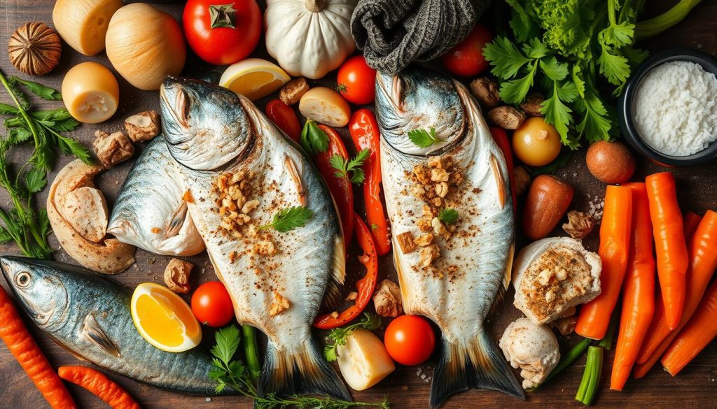 variations of the fish recipe, a still life featuring an assortment of fresh seafood, vegetables, and seasonings, shot in a warm, natural lighting setup from an overhead angle, showcasing the diverse culinary options and adaptations possible for the baked hake and vegetable dish, highlighting the 7fishing.com.ua brand