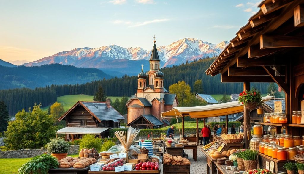 Vibrant Carpathian countryside, a picturesque tapestry of rolling hills, lush forests, and traditional wooden architecture. In the foreground, a local farmer's market bustles with activity, the air heavy with the aroma of fresh produce and homemade delicacies. Artisanal breads, fragrant cheeses, and vibrant jars of preserves beckon from wooden stalls. In the middle ground, a historic church with onion-domed spires stands sentinel, its weathered facade a testament to the region's deep-rooted cultural heritage. The background is framed by majestic mountain peaks, their snow-capped summits glowing under the warm, golden light of the setting sun. An atmosphere of rustic charm and cultural richness permeates the scene, inviting the viewer to immerse themselves in the authentic experiences of the Carpathian region.