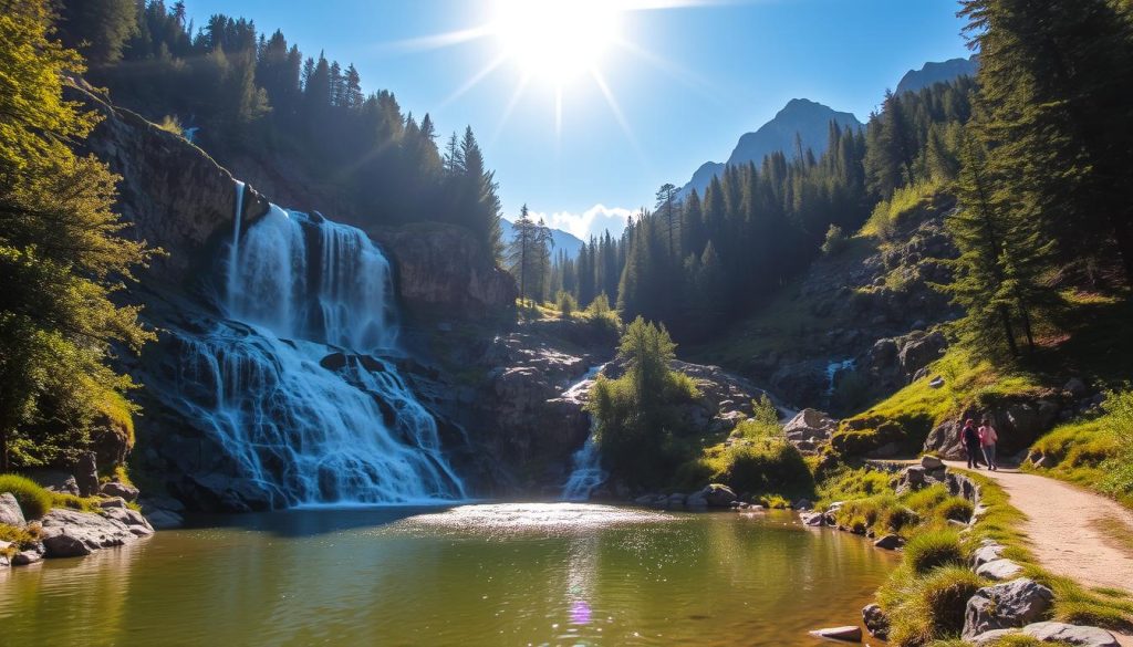 Waterfall cascades tumbling over rocky cliffs, surrounded by lush, verdant Carpathian forests. Sunlight filters through the canopy, casting a warm, golden glow over the rushing waters. In the foreground, a tranquil pool reflects the majestic scenery, inviting visitors to pause and take in the serene beauty. The middle ground features a winding mountain path, leading deeper into the rugged, picturesque landscape. In the distance, rugged peaks touch the azure sky, completing the breathtaking panorama. Capture the essence of Yaremche's natural splendor, a pristine haven for outdoor enthusiasts and nature lovers alike.
