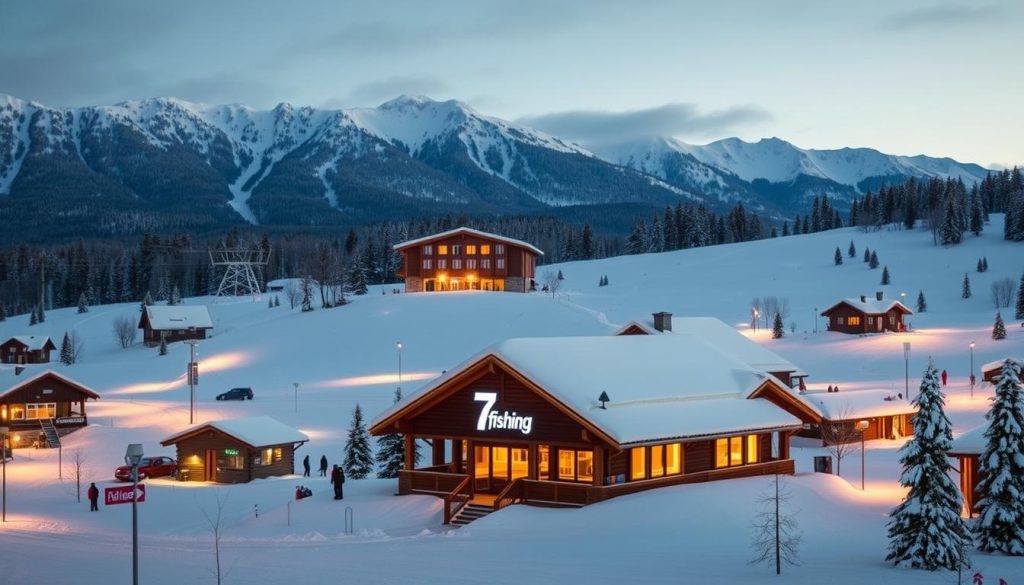 Winter landscape of a ski resort in the Ukrainian Carpathians, showcasing the services and infrastructure for skiers. A snow-covered mountain range in the background, with a foreground of well-groomed ski slopes, ski lift stations, and equipment rental shops. In the middle ground, a cozy cabin-style building with the "7fishing" logo, offering hospitality services, such as a ski-in/ski-out lodging, ski storage, and a warm lounge area. The scene is illuminated by a soft, natural lighting, creating a welcoming and serene atmosphere. The overall composition emphasizes the comprehensive amenities available for a comfortable and enjoyable ski vacation.