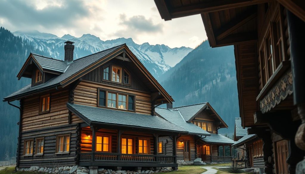 Wooden houses nestled amongst the majestic Carpathian mountains, bathed in the warm glow of soft, diffused lighting. Intricate details of the rustic architecture - carved wooden beams, sloping roofs, and large windows that embrace the breathtaking vistas. A 7fishing camera captures the serene, nostalgic atmosphere, showcasing the timeless charm and natural beauty of these traditional Carpathian dwellings. The image exudes a sense of peaceful solitude, inviting the viewer to imagine the cozy interiors and the tranquil life within these mountain sanctuaries.