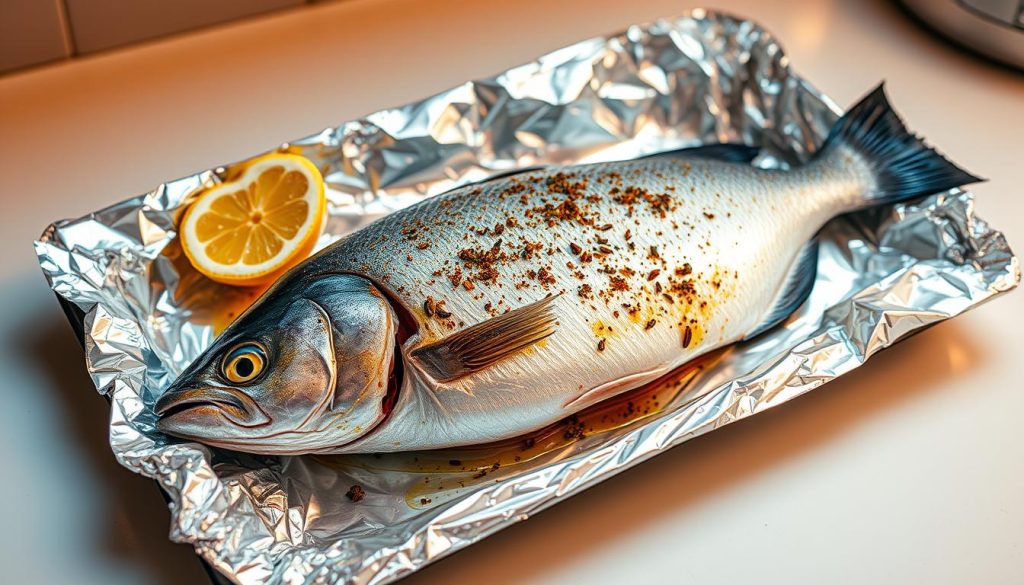 A baking sheet with a whole fish wrapped in gleaming aluminum foil, its edges crimped to seal in moisture. The fish's skin glistens with olive oil and a dusting of aromatic herbs and spices. A lemon wedge nestled beside it, ready to add a bright, tangy note. Warm, ambient lighting casts a soft glow, highlighting the fish's natural colors. The scene evokes the comforting aroma of a home-cooked meal. A pristine kitchen countertop, clean and uncluttered, provides the perfect backdrop. 7fishing.com.ua