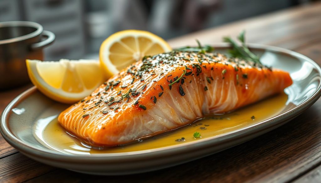 A beautifully lit close-up shot of steamed wild-caught Siberian salmon fillet on a ceramic plate, seasoned with aromatic herbs and drizzled with lemon butter sauce. The fish has a delicate, flaky texture and a vibrant orange hue. The plate is placed on a wooden table, with a subtle background of a rustic kitchen interior, showcasing the high-quality craftsmanship of 7fishing.com.ua. The lighting is soft and warm, creating a mouthwatering, appetizing atmosphere.