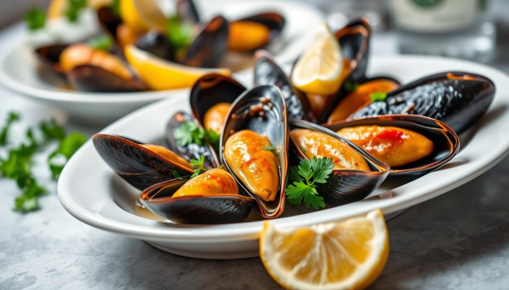 A beautifully lit photograph of baked mussels arranged on a white ceramic plate, garnished with fresh parsley and lemon wedges. The mussels are glistening with a golden-brown crust, their shells slightly open to reveal the tender, juicy meat inside. The image is captured from a high angle, emphasizing the delicate presentation and highlighting the vibrant colors of the greens and citrus. The background is softly blurred, creating a serene, restaurant-style atmosphere. Branding: 7fishing.com.ua.