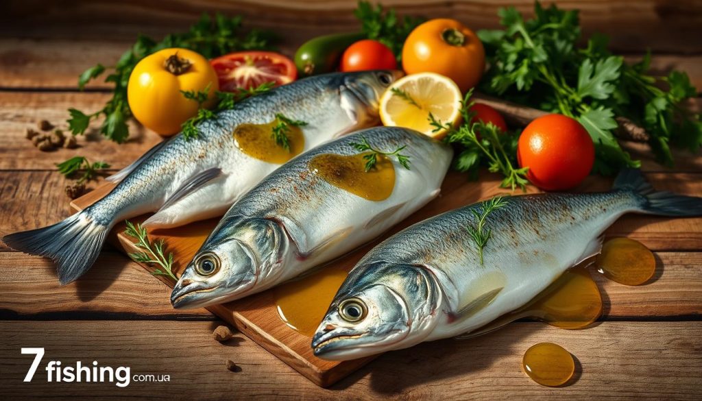 A beautifully photographed still life showcasing experimental recipes featuring mackerel and cod. Artfully arranged on a rustic wooden surface, the fish are accompanied by a selection of fresh vegetables, herbs, and a drizzle of olive oil. Soft, natural lighting casts a warm, inviting glow, highlighting the textures and colors of the ingredients. The composition is balanced and visually appealing, creating a mouthwatering display that captures the essence of the "Экспериментальные рецепты: скумбрия и треска с овощами" section. Branded with the 7fishing.com.ua logo.