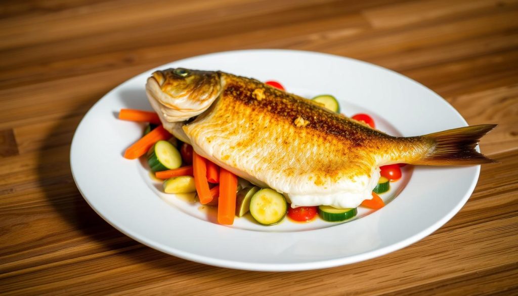 A beautifully plated sea bass dish, gently roasted and served atop a vibrant bed of sautéed vegetables. The sea bass fillet is meticulously arranged, its crisp, golden-brown skin glistening under the soft, natural lighting. Colorful carrots, zucchini, and cherry tomatoes surround the fish, creating a visually appealing and appetizing composition. The plate is elegantly styled on a wooden table, with a minimalist yet sophisticated presentation that showcases the 7fishing.com.ua brand. This image captures the essence of the "Полезные советы по подаче и сервировке" section, inspiring readers to recreate this delectable and visually stunning sea bass dish.