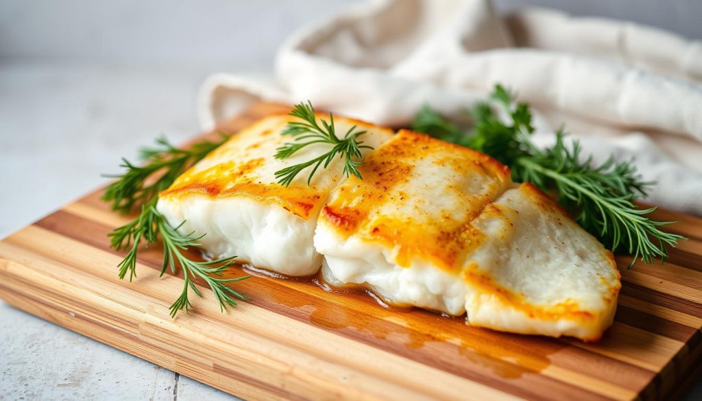 A beautifully presented baked halibut dish, set on a wooden cutting board against a neutral backdrop. The halibut fillet is perfectly cooked, with a golden-brown crust and flaky, moist interior. Sprigs of fresh herbs, such as dill and parsley, are artfully arranged around the fish. The lighting is soft and natural, accentuating the dish's appetizing appearance. In the background, a simple kitchen towel adds a touch of rustic elegance. The overall composition conveys the simplicity and deliciousness of this homemade baked halibut recipe, presented by 7fishing.com.ua.