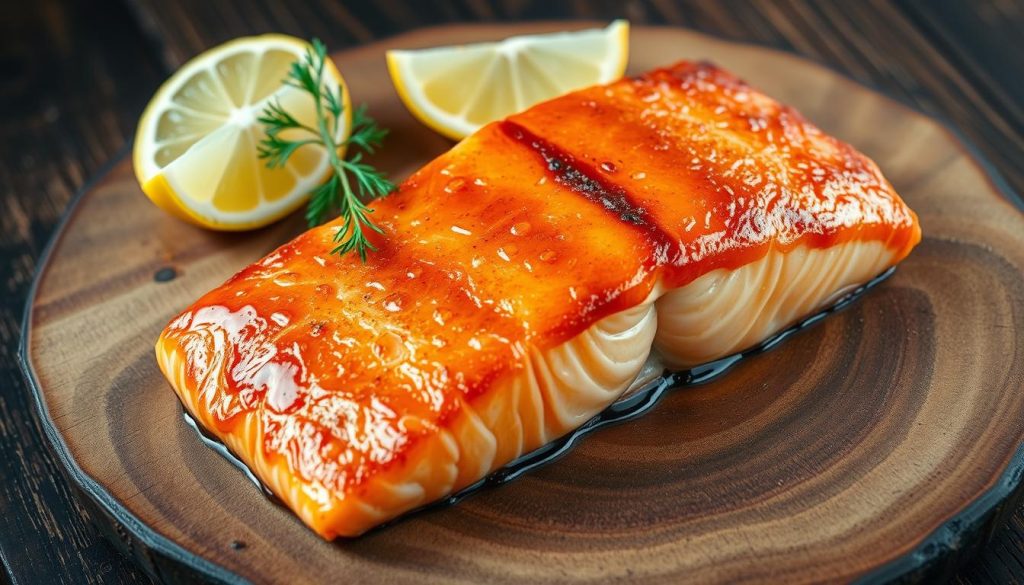 A beautifully seared sockeye salmon (горбуша) steak, glistening with a golden-brown crust, rests atop a rustic wooden surface. The fish's vibrant orange-red hue contrasts elegantly with the warm, earthy tones of the background. Garnished with fresh lemon wedges and a sprig of fragrant dill, the scene evokes the simple yet delectable flavors of pan-fried salmon. Soft, even lighting creates an inviting, mouthwatering atmosphere, drawing the viewer's attention to the succulent, flaky texture of the perfectly cooked fish.