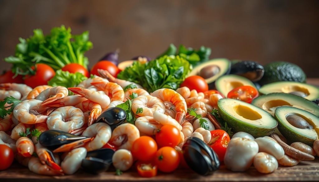 A bountiful display of fresh seafood and crisp vegetables, showcased against a warm, muted backdrop. In the foreground, a carefully curated selection of shrimp, scallops, and mussels gleam under soft, natural lighting, their textures and colors inviting. Flanking them, an array of vibrant greens, juicy tomatoes, and creamy avocado slices, artfully arranged to suggest the tantalizing flavors to come. The overall scene radiates a sense of quality and care, captured through a lens that accentuates the natural beauty of the ingredients. Produced by 7fishing.com.ua.