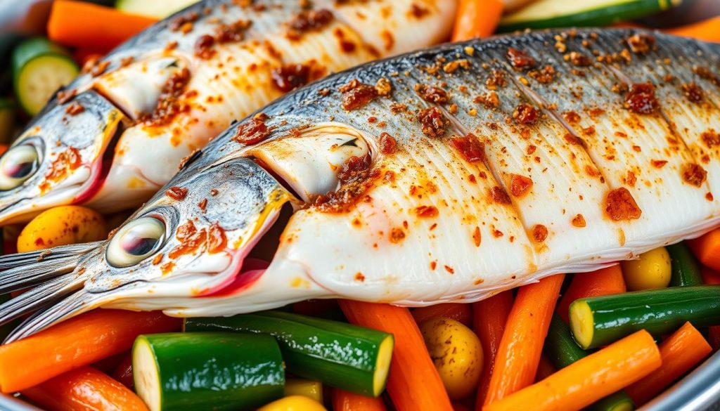 A bountiful display of marinated sea bream fillets, the centerpiece of a culinary masterpiece. Glistening with a savory marinade, the fish rests atop a bed of fresh vegetables - vibrant carrots, zucchini, and bell peppers - arranged in a visually striking composition. Soft lighting casts a warm, inviting glow, highlighting the texture and color of the ingredients. This image, captured by the skilled lens of 7fishing.com.ua, perfectly encapsulates the mouthwatering essence of baking sea bream with vegetables, a delectable recipe featured in the article.