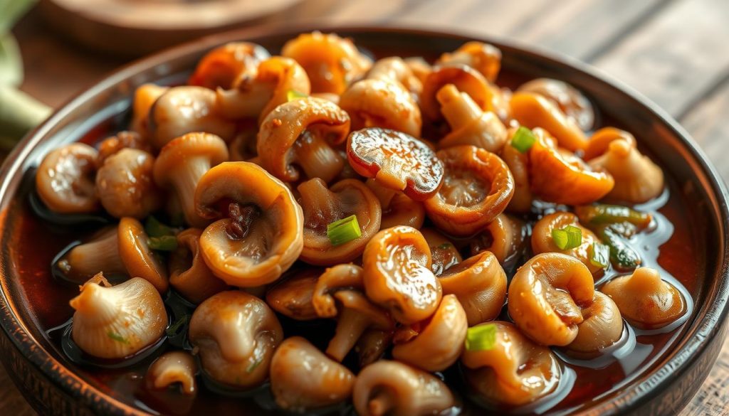 A bountiful plate of delicate oyster mushrooms (вешенки) glistening in a rich, savory soy sauce, bathed in warm, natural light. The mushrooms are freshly sautéed, their tender caps and stems arranged artfully against a backdrop of simple, rustic wooden surfaces. Hints of green onion or garlic add depth of flavor, while the overall presentation evokes a sense of homespun comfort and culinary expertise. The image conveys the beauty and versatility of this beloved fungus, a classic ingredient in traditional and contemporary Russian cuisine.
