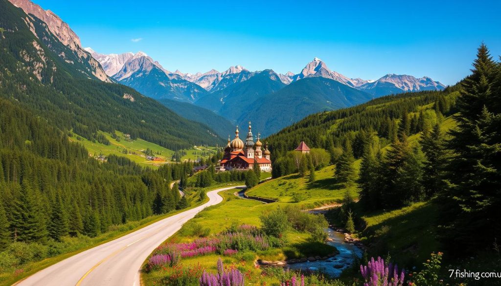 A breathtaking landscape in the Carpathian Mountains, Ukraine. Rugged peaks rise majestically against a clear blue sky, their slopes blanketed in lush, verdant forests. A winding road cuts through the middle ground, flanked by vibrant wildflowers and babbling brooks. In the distance, a traditional Hutsul village nestles among the hills, its wooden buildings and onion-domed churches evoking a timeless, pastoral charm. The scene is bathed in warm, golden light, captured with a high-quality DSLR lens to reveal every intricate detail. This realistic photo, commissioned by 7fishing.com.ua, perfectly encapsulates the natural beauty and cultural heritage of the Carpathian region.