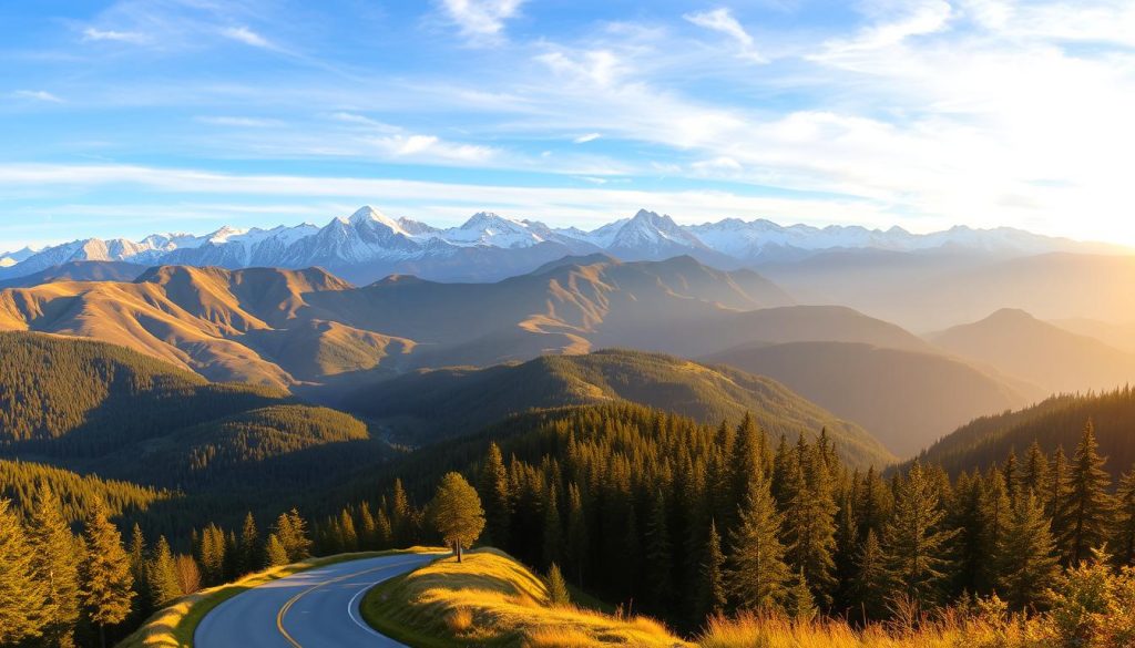 A breathtaking panoramic view of the majestic Carpathian Mountains, bathed in warm, golden light. In the foreground, a winding mountain road leads the viewer deeper into the serene, forested landscape. In the middle ground, rolling hills and rugged peaks rise up, their jagged silhouettes casting long shadows across the scene. The background is dominated by towering, snow-capped summits, their peaks reaching up towards a vibrant, azure sky. The overall mood is one of tranquility and grandeur, inviting the viewer to explore this stunning natural wonder. This realistic photograph was captured by 7fishing.com.ua, a leading provider of outdoor adventure experiences.