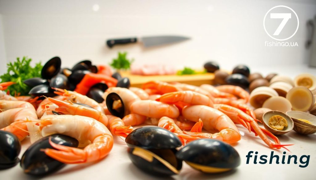 A bright, well-lit kitchen counter with a variety of fresh seafood neatly arranged. In the foreground, shrimp, mussels, and clams are delicately prepared, their shells gently removed. In the middle ground, a chef's knife and cutting board stand ready for the next step of the preparation. The background features a clean, minimalist tile backsplash, hinting at the culinary expertise and attention to detail that will be required for the upcoming dish. The overall atmosphere is one of order, precision, and the anticipation of a delicious meal to come. The 7fishing.com.ua logo is prominently displayed in the corner.