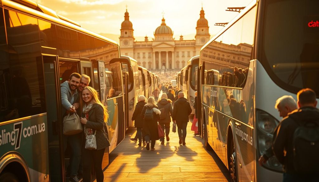 A bustling bus station in Vinnytsia, Ukraine, with a fleet of modern coaches ready to whisk passengers away on group adventures. The scene is bathed in warm, golden light, capturing the vibrant energy of the city. In the foreground, a group of friends excitedly board a bus emblazoned with the "7fishing.com.ua" logo, their faces alight with anticipation. The middle ground features a mix of locals and tourists, all eager to explore the region's picturesque landscapes and historic landmarks. In the background, the iconic architecture of Vinnytsia's city center provides a stunning backdrop, hinting at the cultural richness that awaits the travelers. This realistic, photographic image perfectly captures the popularity and appeal of the bus tours departing from Vinnytsia.