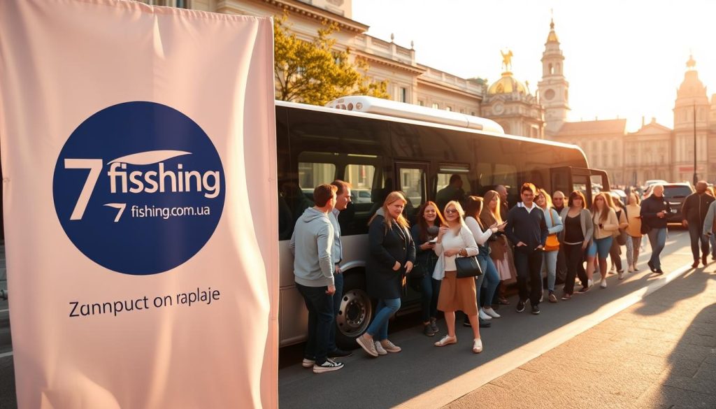 A bustling city street in Dnipro, Ukraine, with a large group of tourists boarding a modern, comfortable bus. Warm afternoon sunlight casts a soft glow, highlighting the diverse group's expressions of excitement and anticipation. In the foreground, a 7fishing.com.ua travel banner stands prominently, showcasing the company's logo and branding. The middle ground features the bus, its sleek design and spacious interior hinting at the convenience and comfort of the group tour. In the background, the historic architecture of Dnipro's city center provides a picturesque setting, creating a sense of adventure and exploration. The overall scene conveys the advantages of group travel: the camaraderie, the ease of transportation, and the opportunity to discover the beauty of Ukraine.