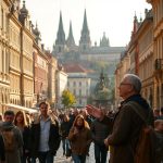 A bustling city street in Prague, with ornate Baroque architecture lining the sidewalks. Groups of tourists follow their guides, eagerly listening as they share tales of the city's rich history. The warm, golden light of the afternoon sun bathes the scene, creating a cozy, inviting atmosphere. In the foreground, a guide gestures animatedly, captivating their audience with stories of the city's storied past. The middle ground features a mix of locals and visitors, strolling leisurely or pausing to admire the stunning buildings. In the background, the iconic spires of Prague Castle rise up, a reminder of the city's enduring legacy. Overall, the image conveys the excitement and wonder of exploring a new destination through the lens of a guided tour.